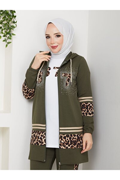 moda4b طقم رياضي نسائي مكون من 3 قطع بقلنسوة من القطن بنقشة مزدوجة الخيوط - N...