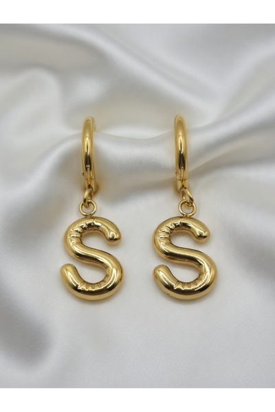 ahsenaksesuar2025 Kişiye Özel Altın Renk Balon Model -S- Harfli Çelik Küpe-Ka...