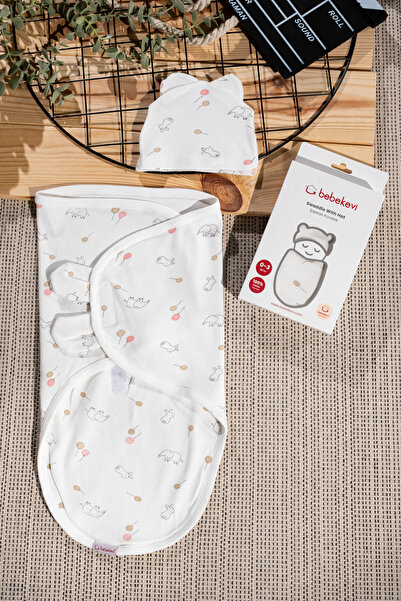 Rocha Baby Practical Combed Cotton Swaddle Set with Ears and Hat, Velcro Fastening, Elephant and Balloon Patterned