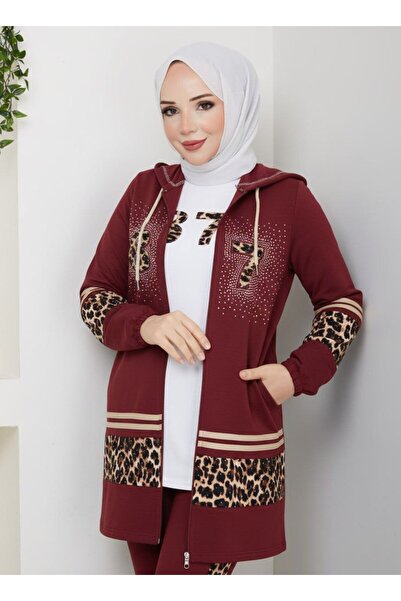 moda4b طقم رياضي نسائي من 3 قطع بقلنسوة، مصنوع من القطن بنقشة مزدوجة الخيوط -...