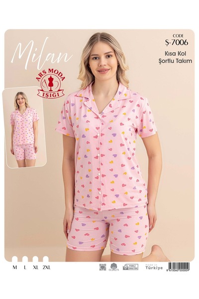 ars moda ışığı Milan Pink Klap Patterned Short Sleeve-Shorts Set
