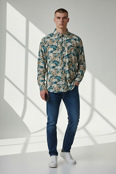 Campione Petrol Blue Tropical Patterned 100% Cotton Shirt
