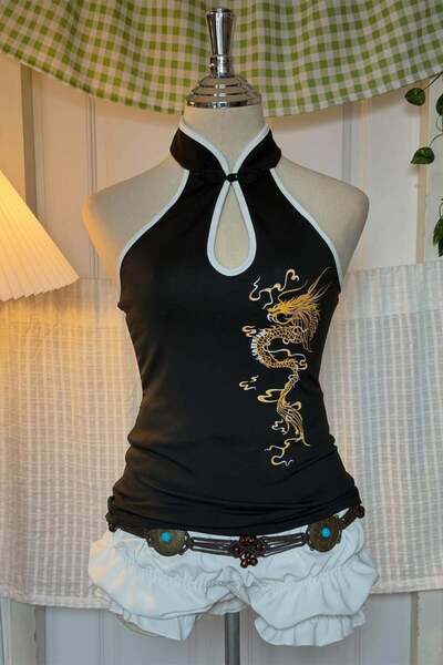ARS Butik Black Dragon China Style Collar Neck Detail Body