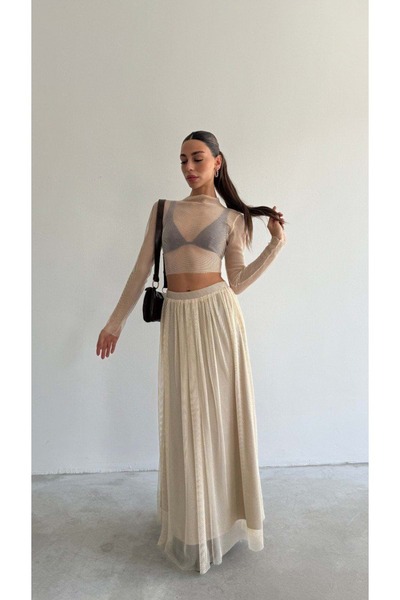 ibeeka Dore light color mesh fabric maxi length long skirt