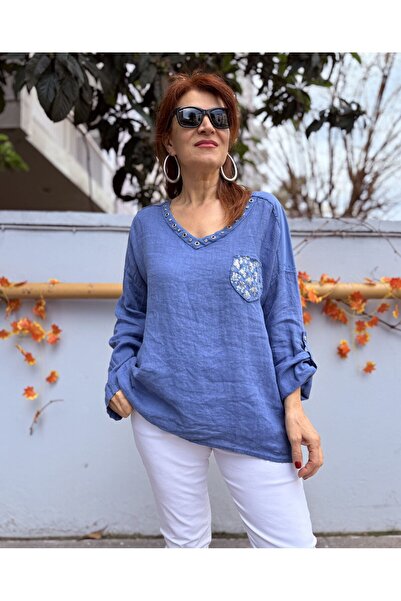 DenizEge Italian Bird Eye Linen Blouse Indigo Blue