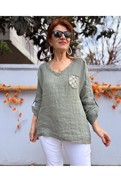 DenizEge Ιταλική λινή μπλούζα με μάτια στο λαιμό χακί
