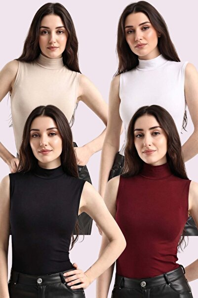 Trend Sizde Γυναικείο Μπορντό Λευκό Μαύρο Κρεμ Σετ 4 τεμαχίων Αμάνικο Κορμάκι