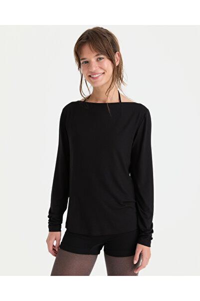 Ayma Active Μαύρο EcoVero ™   Μπλούζα με ιξώδη λαιμόκοψη και μακριά μανίκια