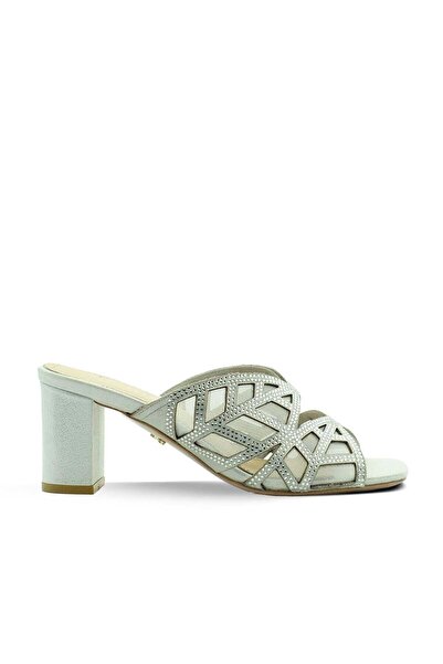Vario Genuine Leather Stone Detailed Mesh Heeled Slippers Z635 Silver Leather...