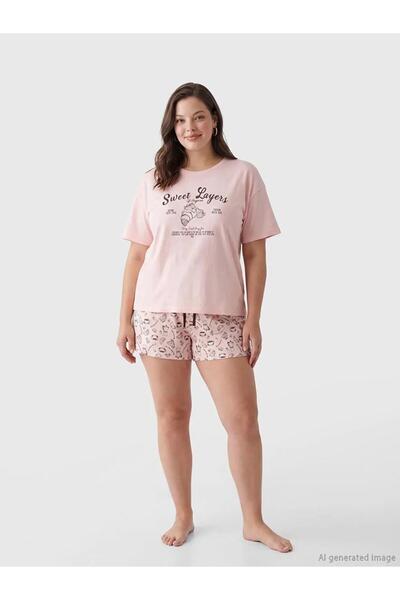 LC Waikiki Σετ πιτζάμες με λαιμόκοψη "ποδηλάτης "για γυναίκες με τύπωμα με σο...