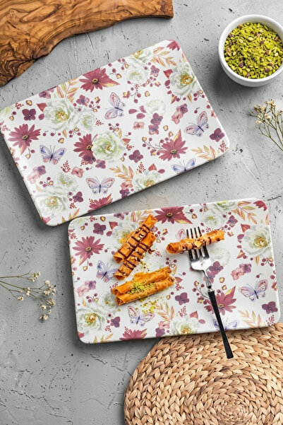 Keramika Butterfly Patterned Siera Kayık Presentation Plate 31*21 cm 2 Pieces