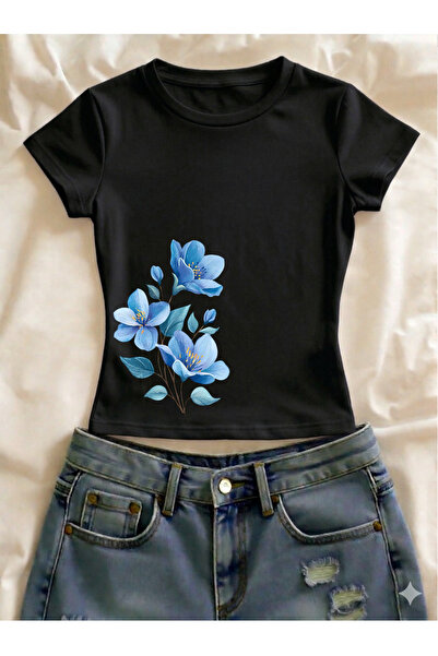 Vordevia Tricou crop cu mânecă scurtă, cu imprimeu floral, din lycra, cu deco...