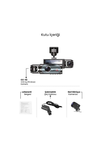 Midcom CC-42 3 Lens 3.18" IPS Ekran Wi-Fi Dokunmatik Araç Kamerası 64GB Hafıza Kartı Hediyeli