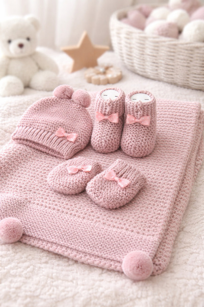 nivo baby Triko Bebek Battaniye Seti – Yenidoğan Şapka Eldiven Patik 4’lü Has...