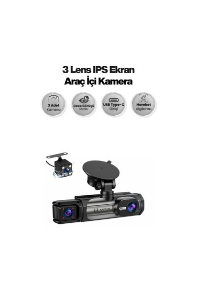 Midcom CC-41 3 Lens 3.16" IPS Ekran 5.0 MP / 30 FPS 170° Geniş Açılı Lens Araç Kamerası 64GB Hafıza Kartı Hediyeli