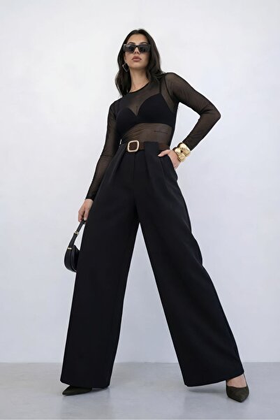Nazline Women's Bridge Detailed Belted Palazzo Trousers