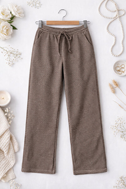 MİRA BUTİK Women's Waterway Fabric Small Square Patterned Trousers Elastic Wa...
