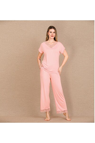 Lady Lingerie Σετ γυναικείες πιτζάμες με κοντά μανίκια και δαντέλα