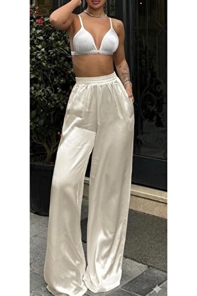 MONAMORE Γυναικείο Σατέν Παντελόνι σε απόχρωση Off-White με φαρδιά μπατζάκια ...