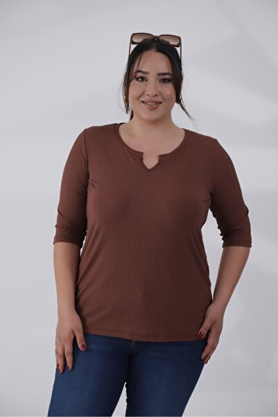 Roxxlen Γυναικεία μπλούζα με φαρδύ γιακά σε μεγάλο μέγεθος, καφέ