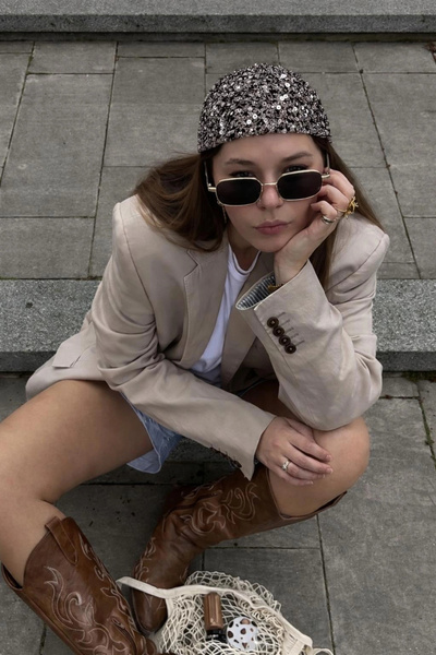 Eka Γυναικεία Μπεζ Χειροποίητη Πλεκτή Μπαντάνα με Παγιέτες 852026