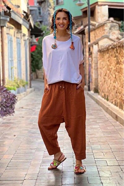 Nevin Kaya Moda Σαλβάρι Sezai σε χρώμα τούβλου - 100% βαμβακερό ύφασμα μουσελ...