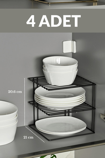 Edora Home 4'lü Mat Siyah 3 Katlı Dolap İçi Tabaklık Bardaklık Mutfak Düzenle...