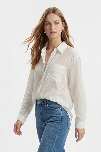 Rays Ecru Pocketed Striped Oversize Shirt 5449