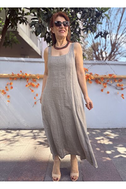 DenizEge Ιταλικό Αμάνικο Φόρεμα από Λινό με Τετράγωνο Γιακά Βιζόν
