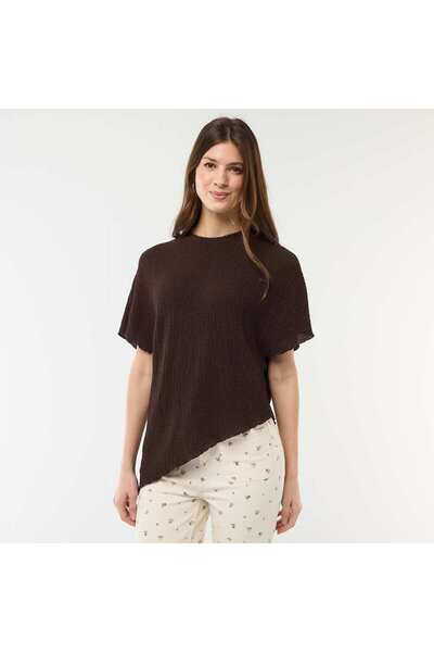 KIABI Asymmetric Hem Knit T-Shirt BROWN