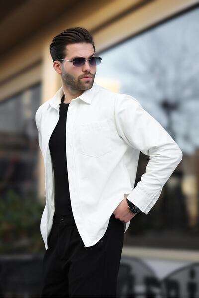 Madmext Λευκό ανδρικό πουκάμισο με φλις εσωτερικά E6759