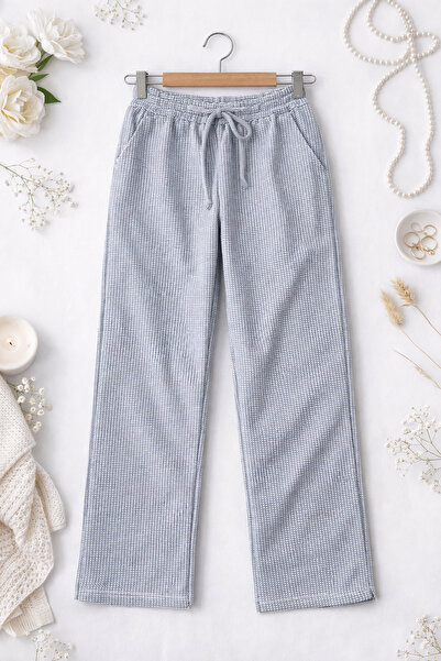 MİRA BUTİK Women's Waterway Fabric Small Square Patterned Trousers Elastic Wa...
