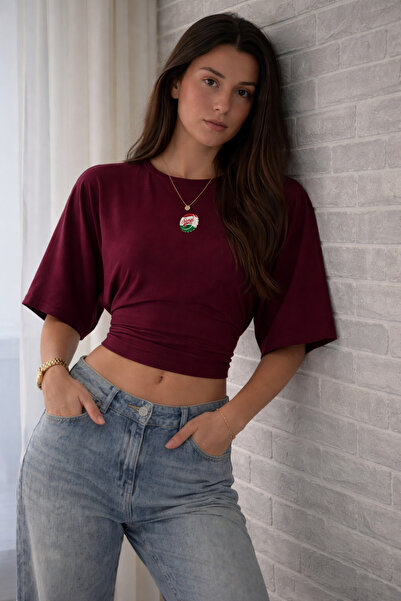 COMBİNE MİCHAİL Kadın Kapak Baskılı Yazlık Bordo Crop Bluz