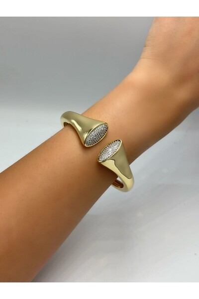 BYYEŞO Zircon Stone Detailed Design Gold Handcuff Bracelet