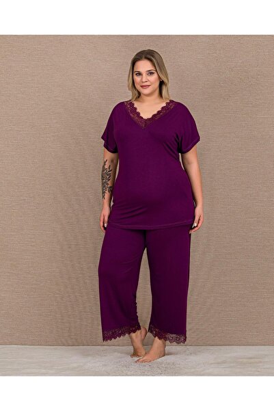 Lady Lingerie Σετ γυναικείες πιτζάμες με κοντά μανίκια και δαντέλα σε μεγάλο ...