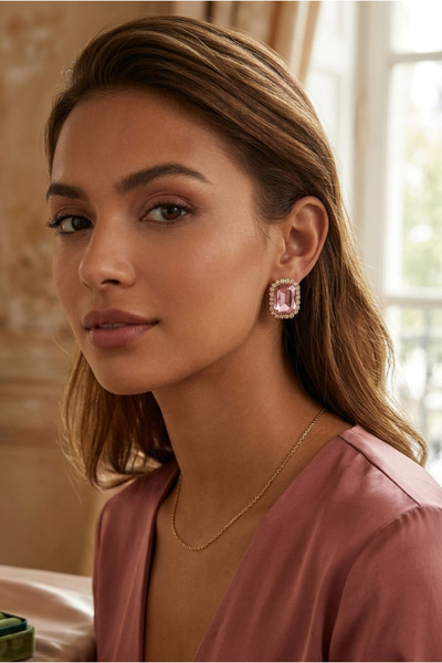 Happyline Pembe Taşlı Küpe Gold Kaplama Choker Tasma Kına Küpe Abiye Küpe Bag...