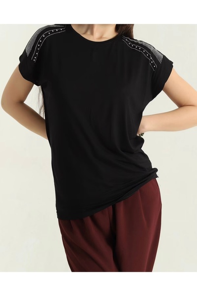 Butik Lena SİYAH GÜPÜRLÜ TAŞLI ÇİLEK KUMAŞ BLUZ