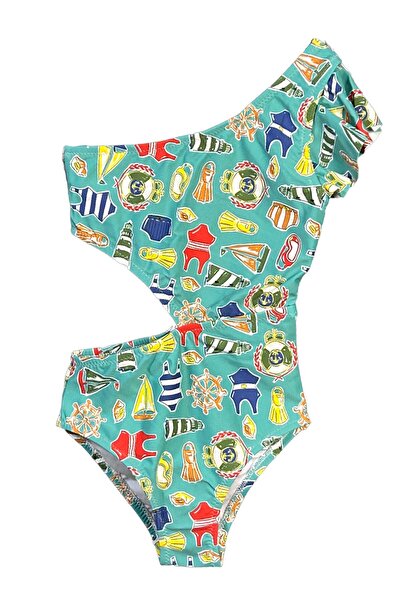LOOK ME Sea-Themed Illustration Printed Asymmetrical Cut-Out Girls' Swimsuit