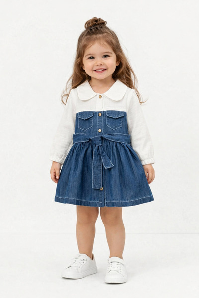 Overdo Dolce Denim Kız Çocuk Elbise %100 Pamuk Müslin Üst, Kot Alt, Açık Mavi...