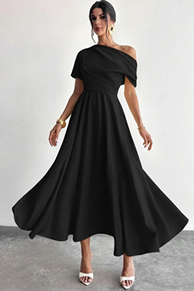 Modayakamoz Νέα σεζόν Γυναικείο φόρεμα με κοντό μανίκι και πιέτες στον ώμο, μ...