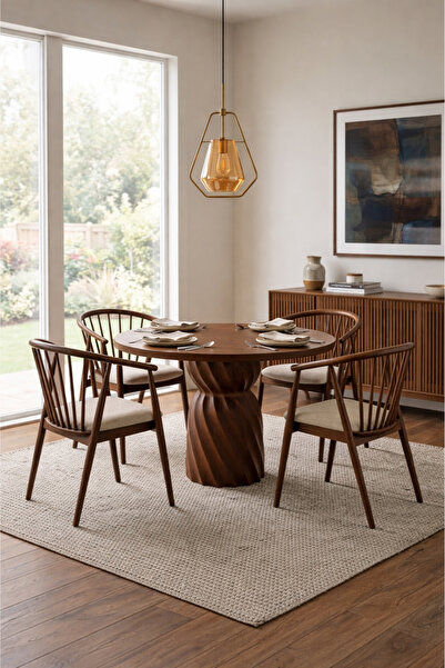 A2 Decor Aura Yuvarlak Sabit Ceviz- 100 cm Ahşap Yemek Masası Takımı