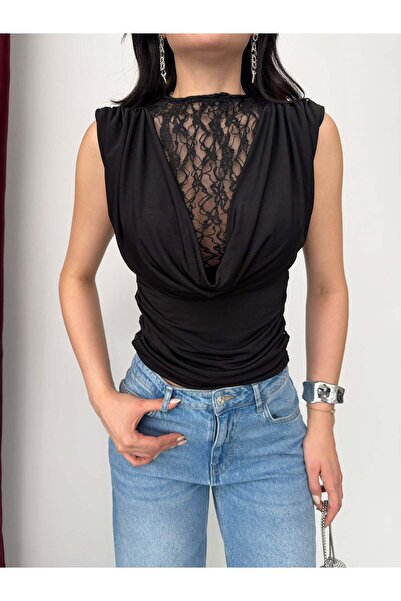 Elaxi Γυναικεία μπλούζα Degaje με γιακά, μηδενικό μανίκι, δαντέλα και άμμο.