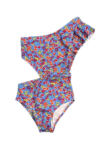LOOK ME Floral Meyve Desenli Asimetrik Cut-Out Kız Çocuk Mayo