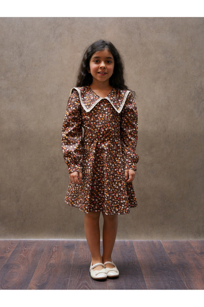 KÜÇÜĞÜM BUTİK Βίντατζ φόρεμα για κορίτσια με γιακά, καφέ φλοράλ σχέδιο, μακρυ...