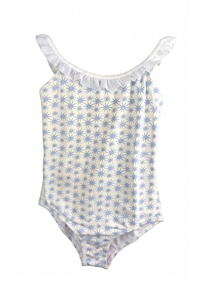 LOOK ME Ice Blue Star Figured Girls' Swimsuit with Mesh Shoulders