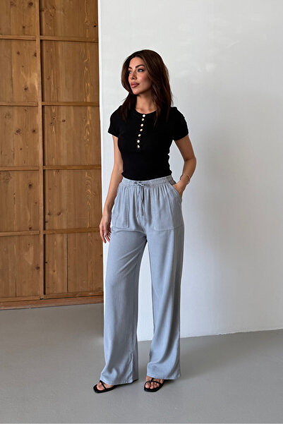 macharel jeans Γυναικείο παντελόνι παλάτσο με φαρδιά μπατζάκια και τσέπες