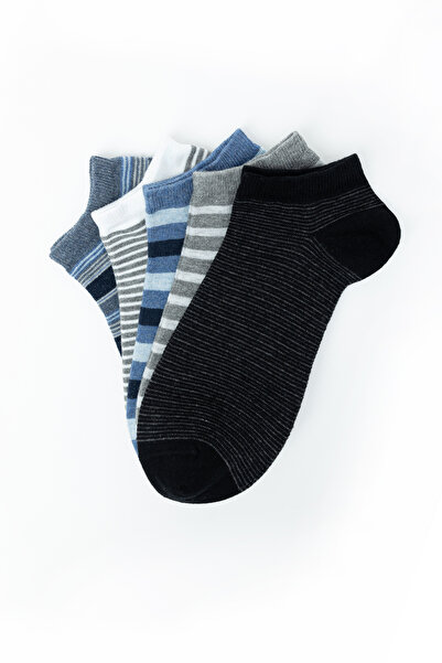 KNITON Karma Çizgili Pamuklu Penye Erkek Patik Çorap 5 Çift Dikişsiz Burun Çorap