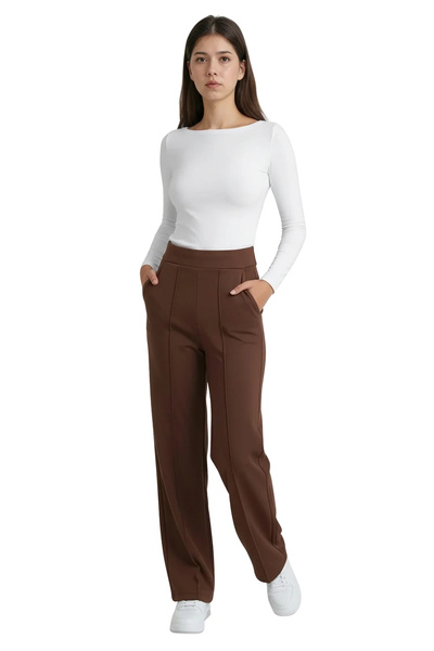 bysoca Γυναικείο καφέ παντελόνι με ψηλή μέση, φαρδιά μπατζάκια, τσέπες, χαλαρ...