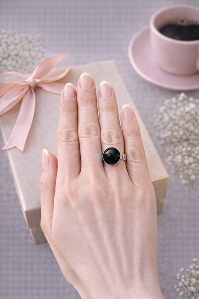 MUGUSA HEDİYELİK Black Color Cat Eye Stone Minimal Silver Ring - Shines in th...
