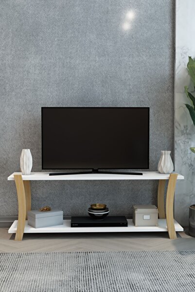 Doğal Çam Ahşap Raflı 120cm TV Ünitesi - Minimalist Medya Sehpası